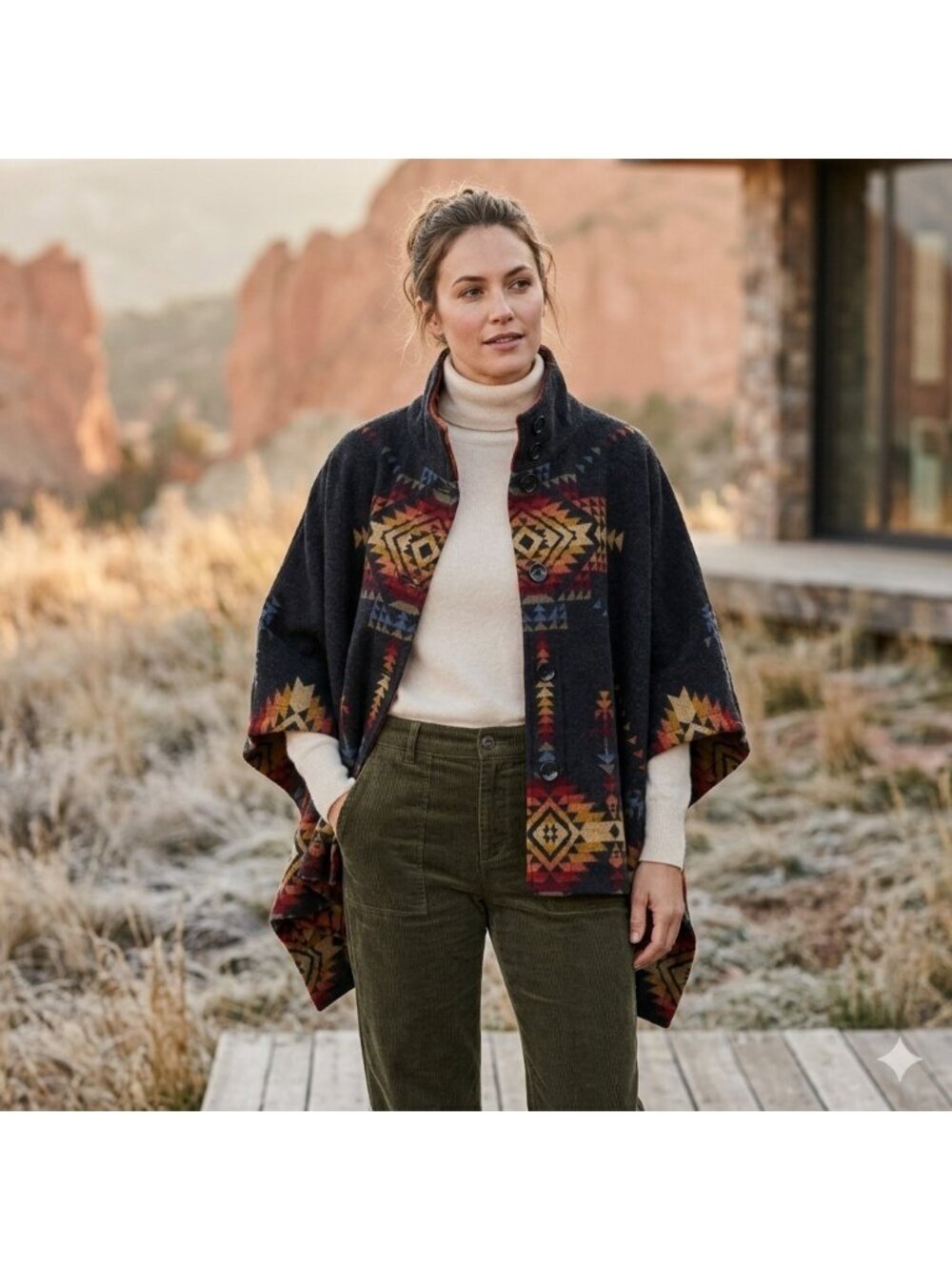 Reversible Wool Cape Poncho OS Southwestern Geometric Aztec Button Jacket Button - Picture 3 of 15